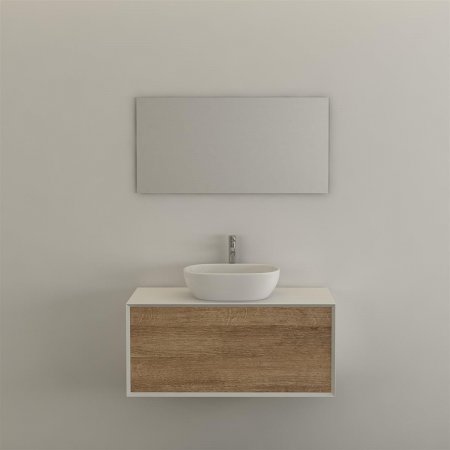 Badmöbel Set weiß / Eiche mit Aufsatz-Waschbecken und Spiegel, 100cm