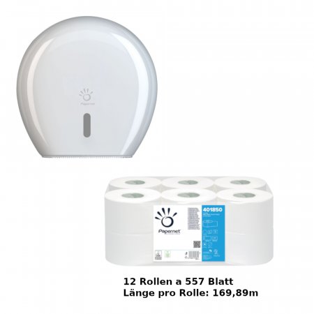 PAPERNET Mini Jumbo Toilettenpapierspender / 12 Rollen Toilettenpapier 557 Blatt/Rolle